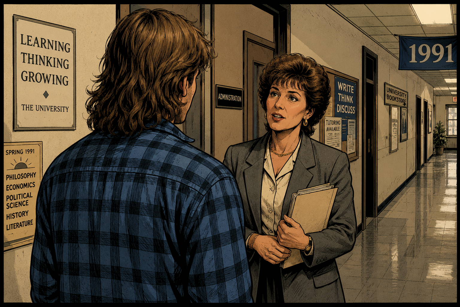 An administrator talking with a student in a college hallway lined with signs for learning, thinking, philosophy, economics, political science, history, and literature.