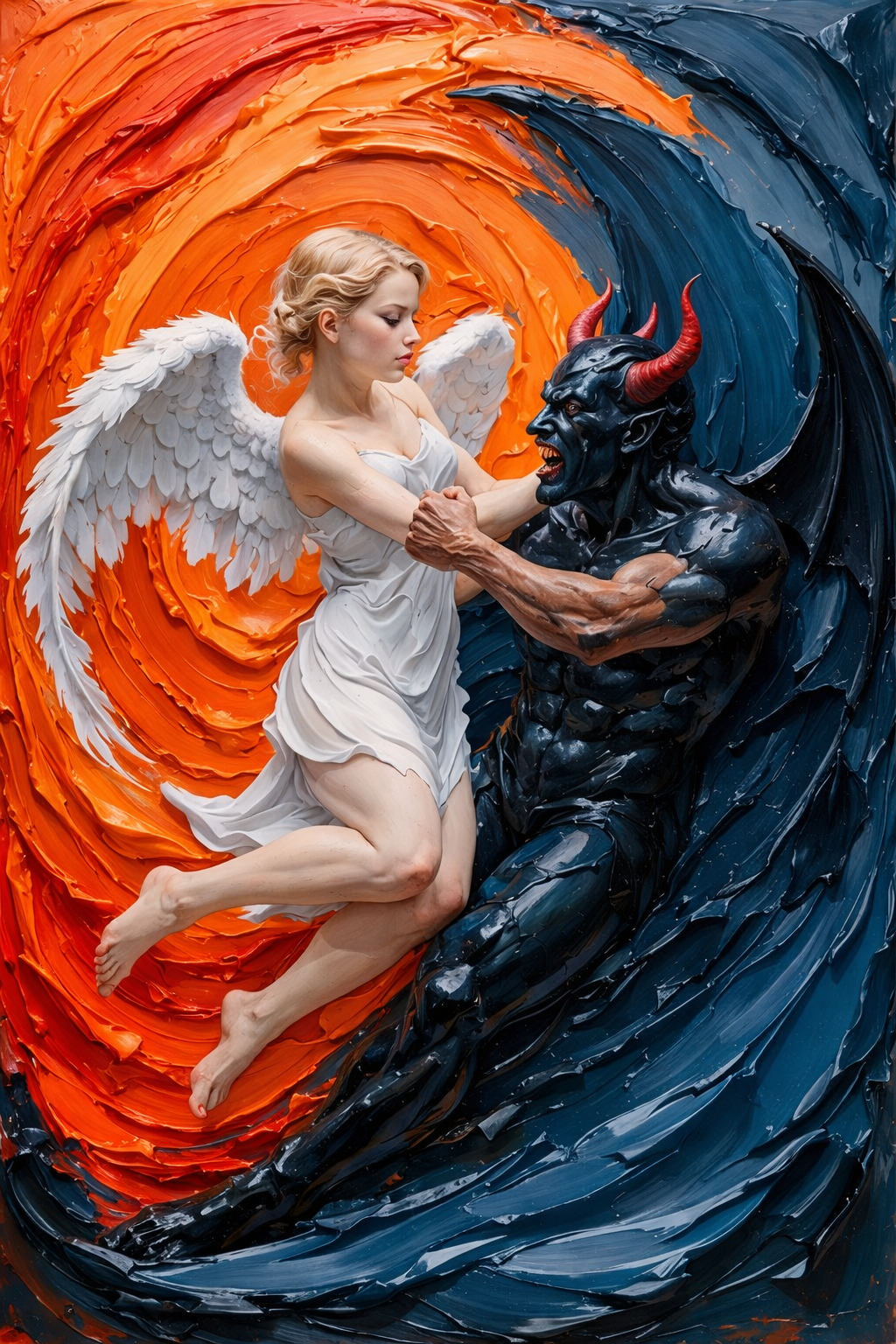 A textured impasto-style clash of opposing figures.