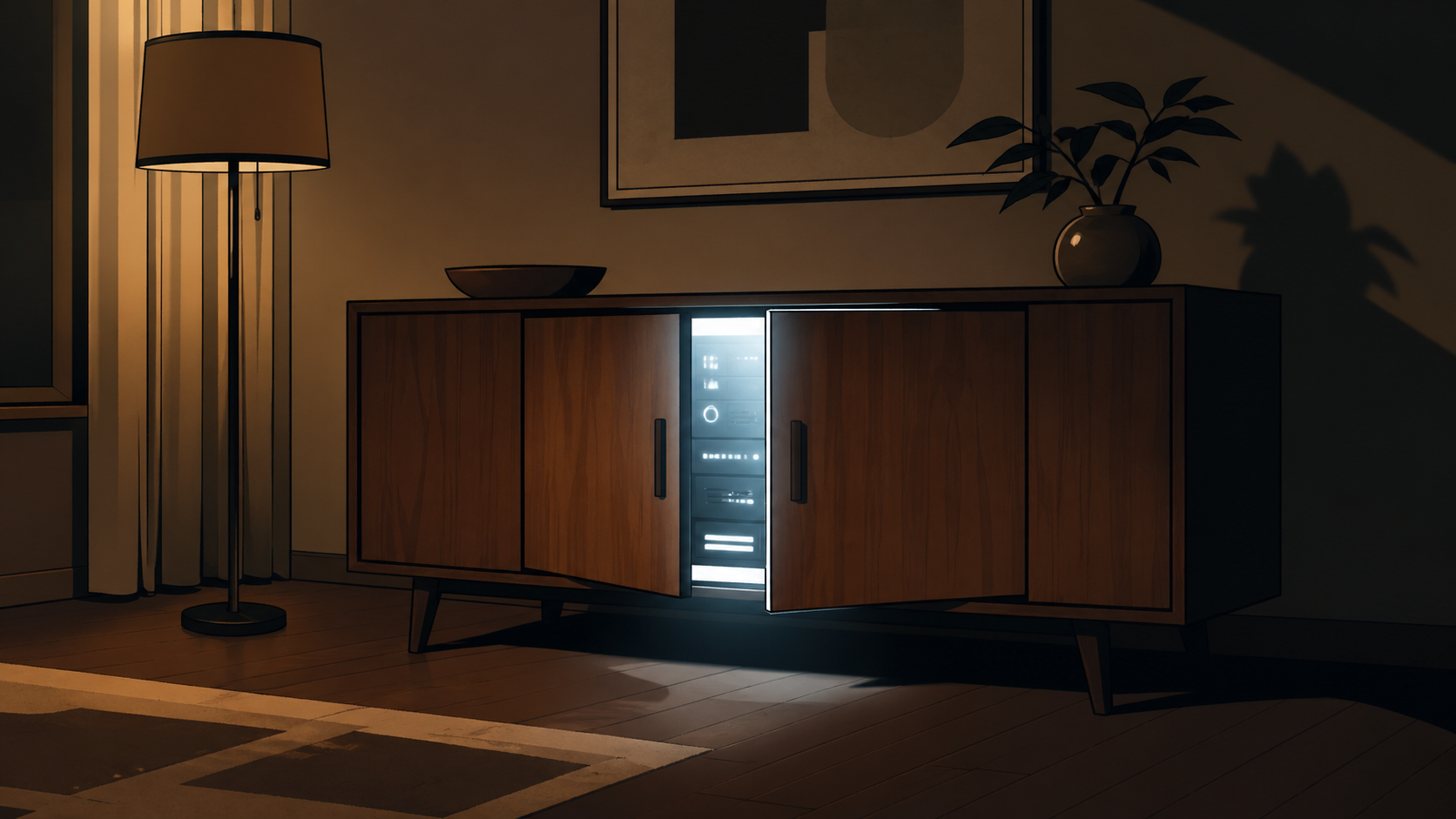 A wooden cabinet used as a metaphor for quieter technology.