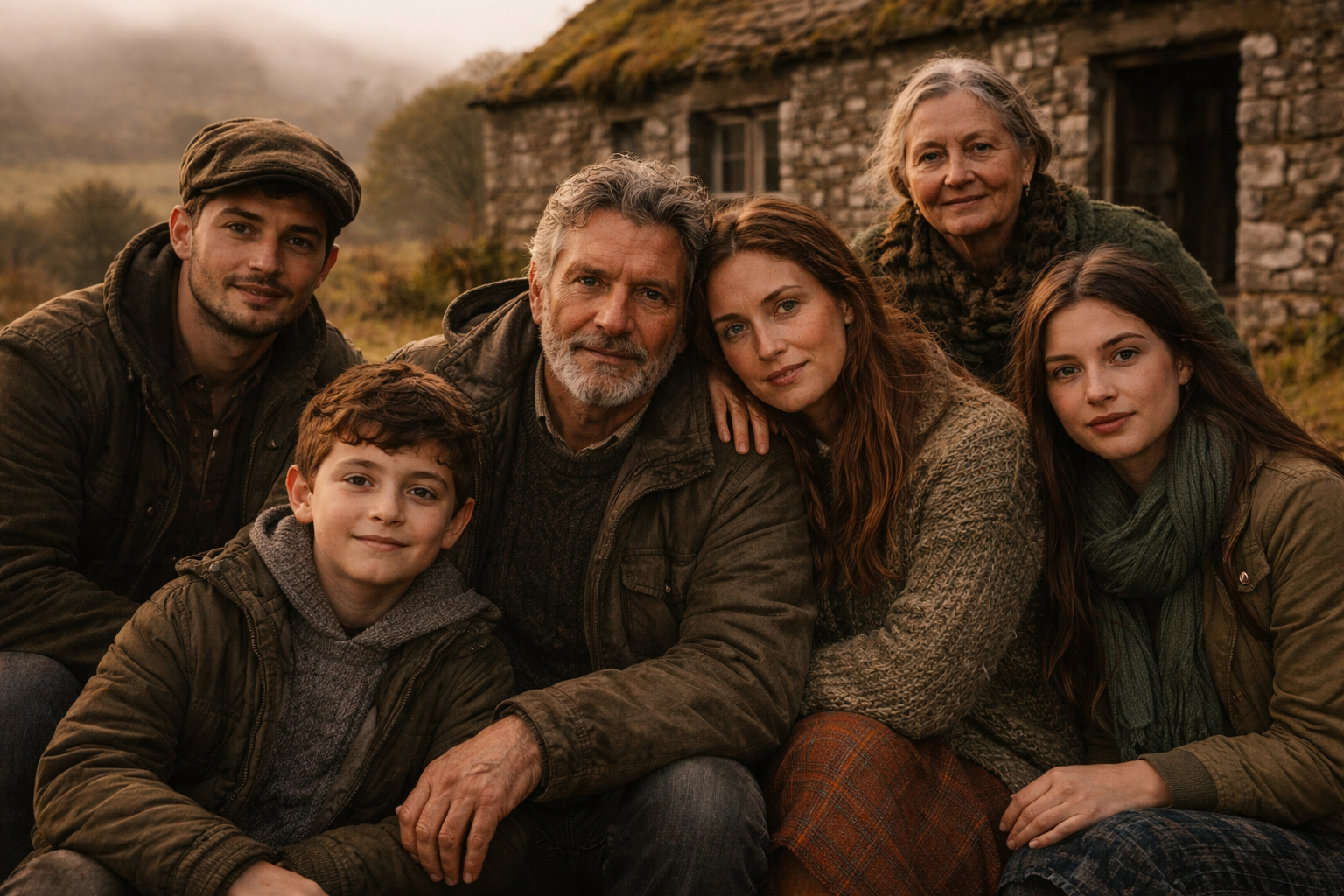A misty contemporary family portrait inspired by the Celtic pantheon, set before a stone cottage in rolling green hills.