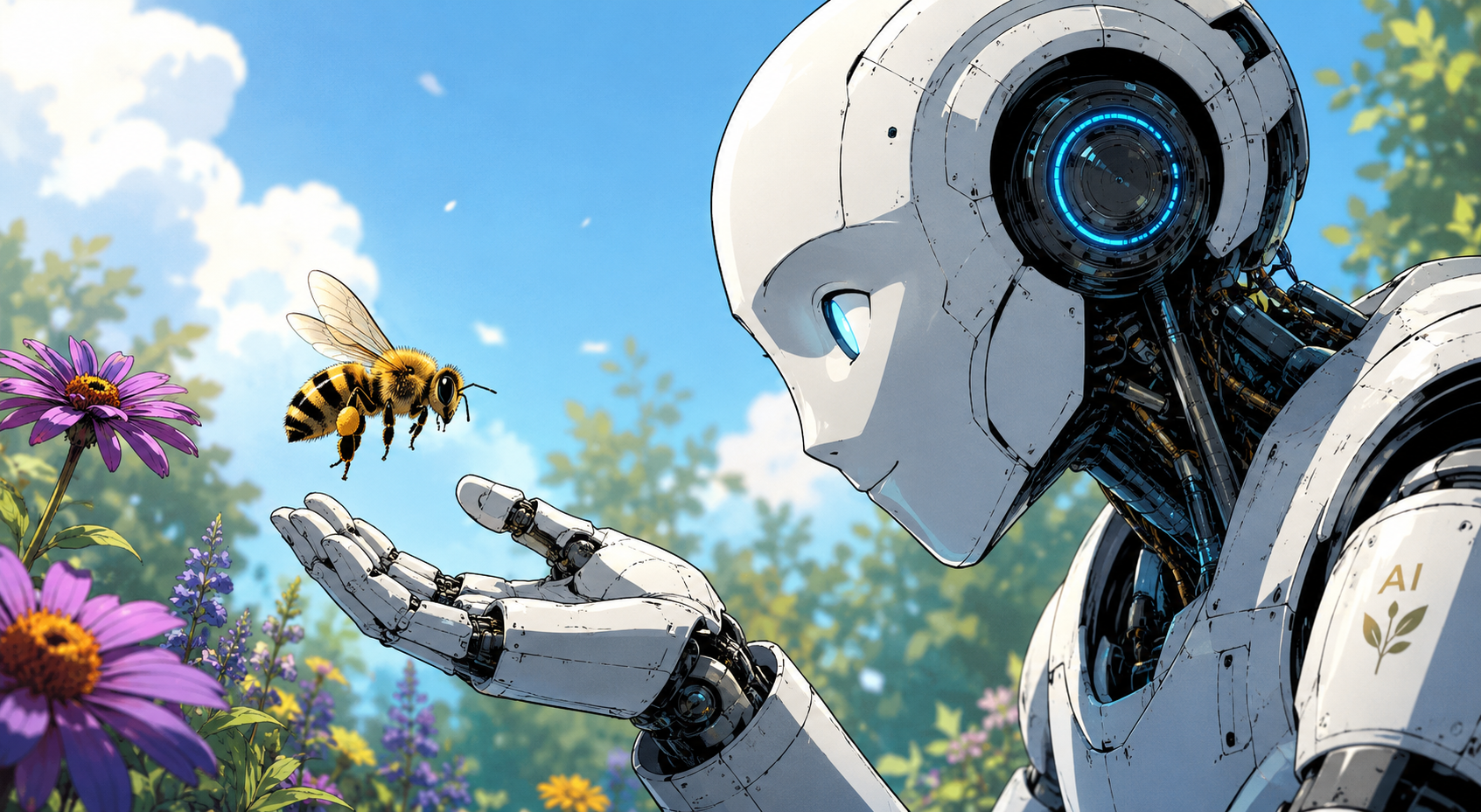 An illustrated robot gently holding out its hand toward a bee in a bright garden.