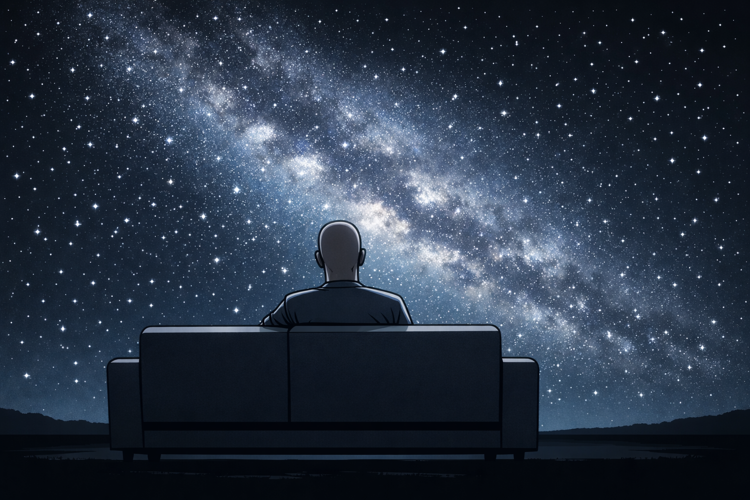 A man seated on a couch beneath a star-filled night sky.