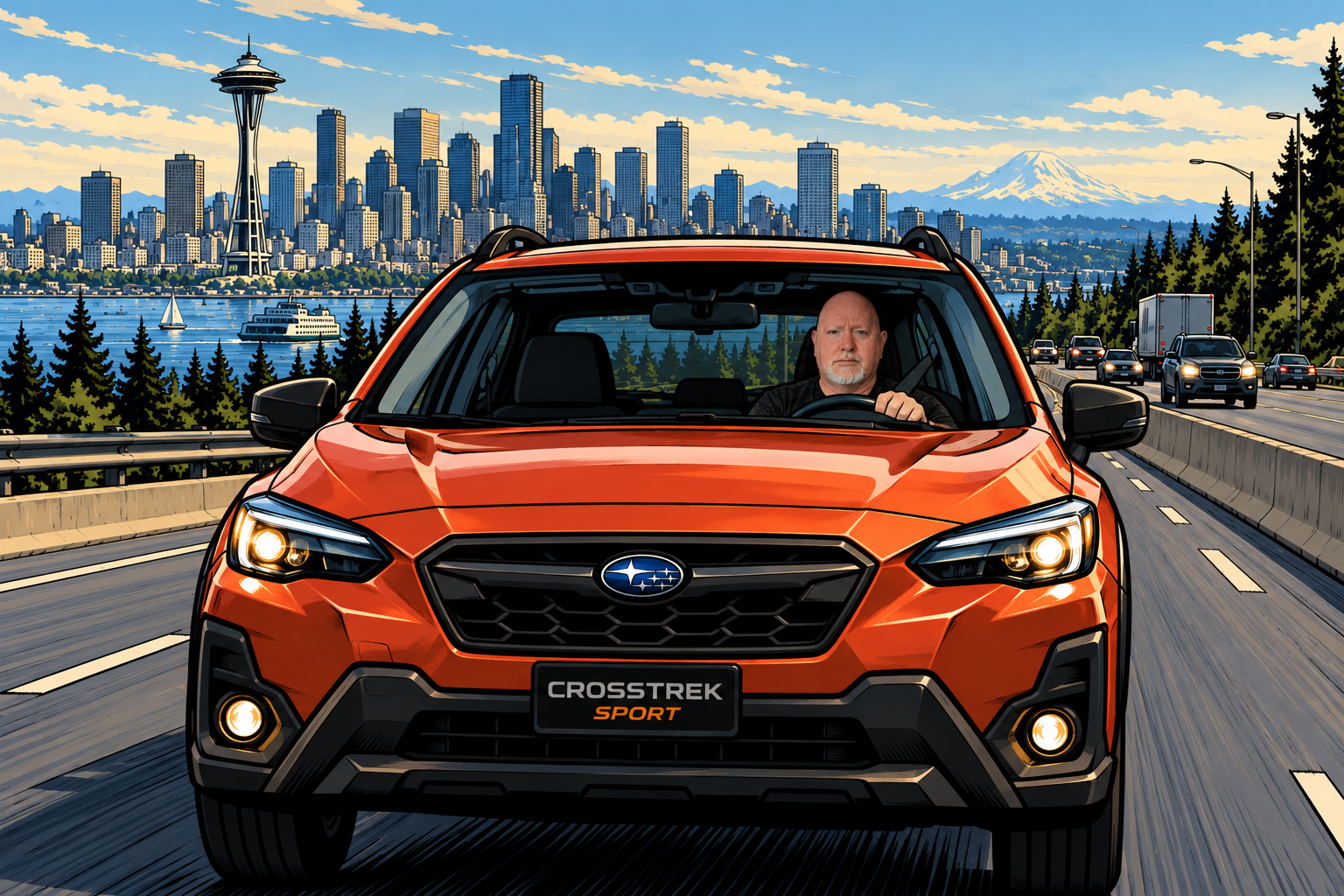 A Subaru Crosstrek on the highway with adaptive cruise control and lane centering in use.