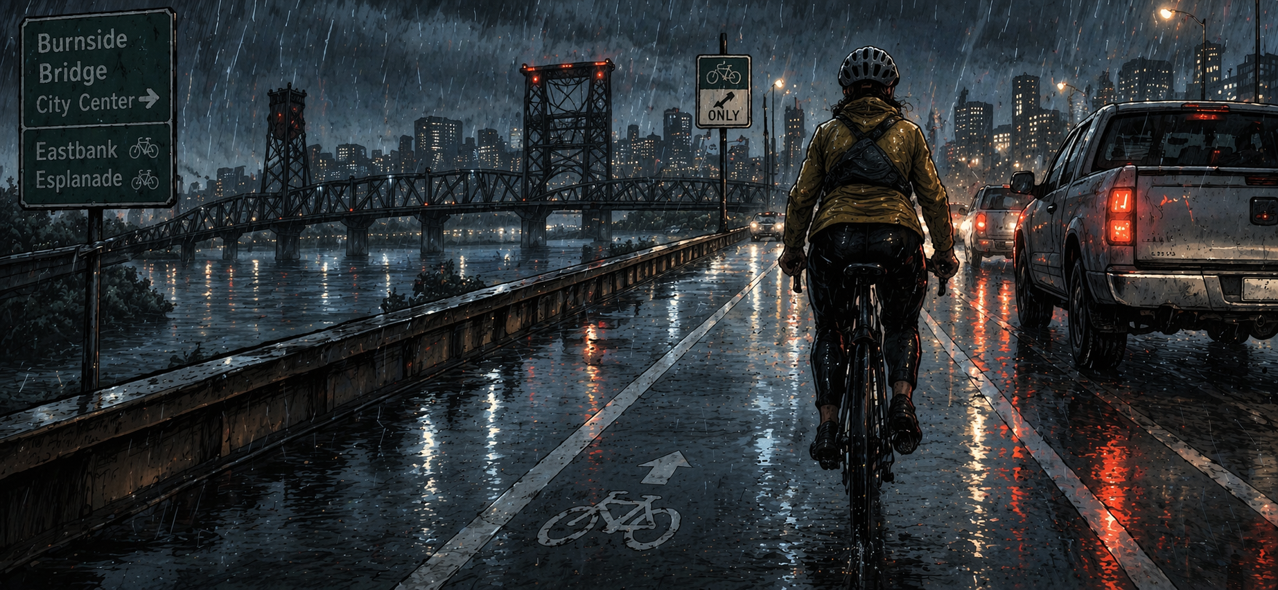 Cyclist riding through rain in the city.