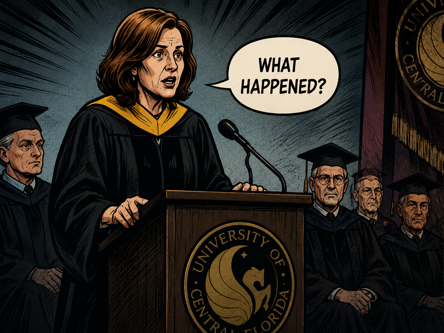 A commencement stage used as a metaphor for the gap between AI industry assumptions and public response.