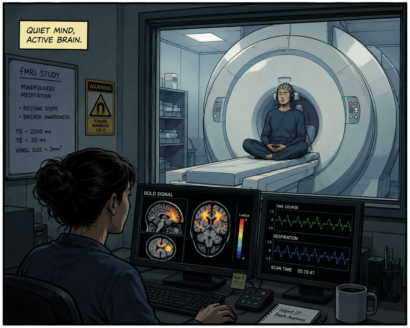 A colorful fMRI brain scan used as the hero image for a reflection on mindfulness research and long-term meditation.