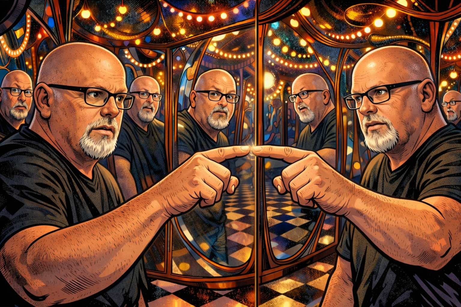 Distorted reflections in a funhouse mirror.