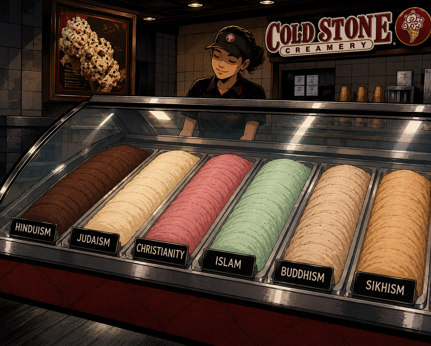Sweet cream ice cream used as a visual metaphor for the base experience beneath religious language and tradition.