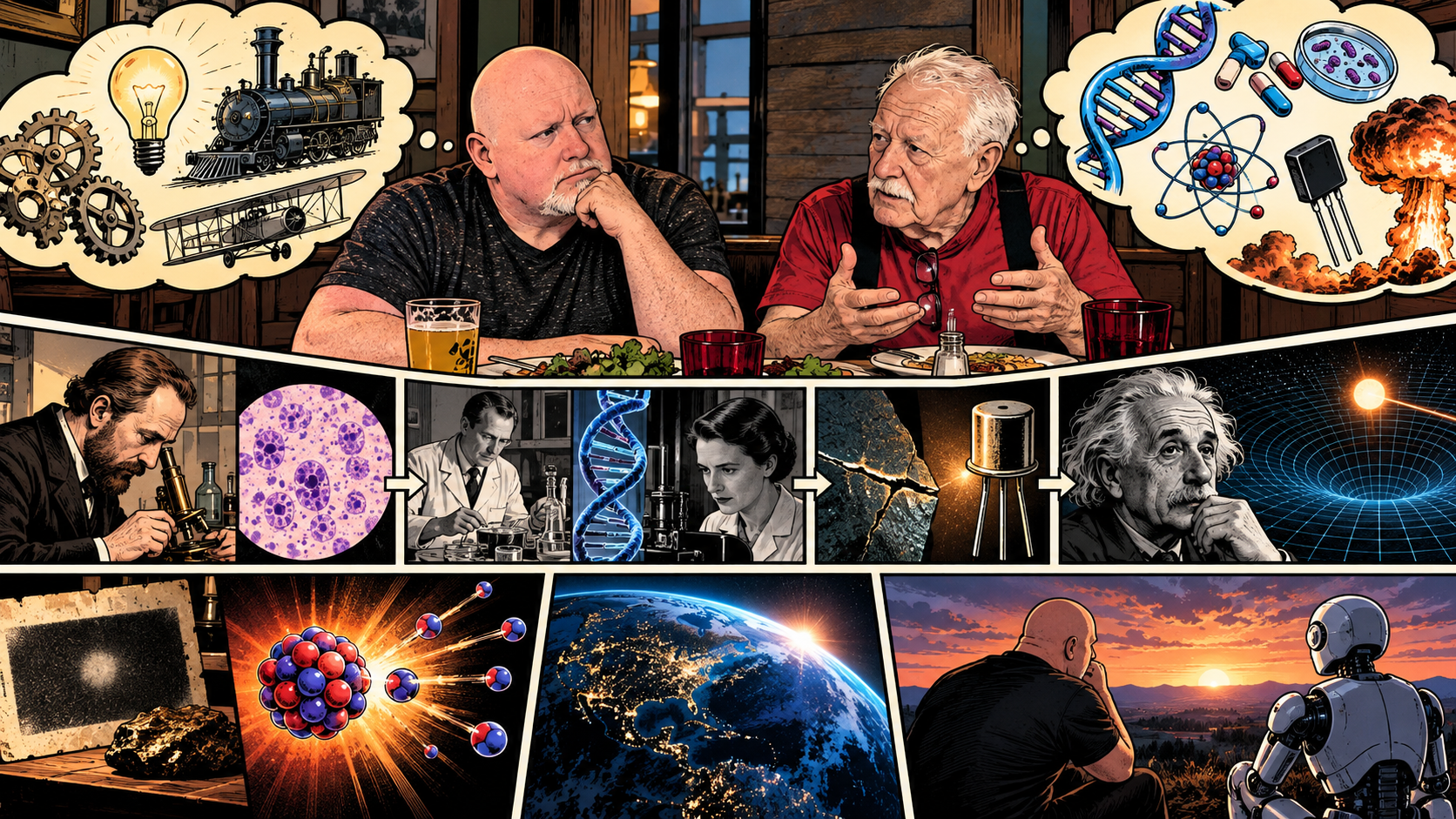 Comic collage of a father-son discussion, historical inventions, scientific discoveries, and examples of animal tool use.