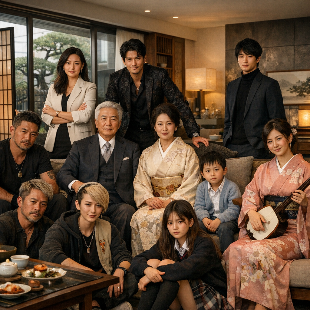 A contemporary Japanese family portrait inspired by the Shinto pantheon, set in an affluent modern room with traditional details.