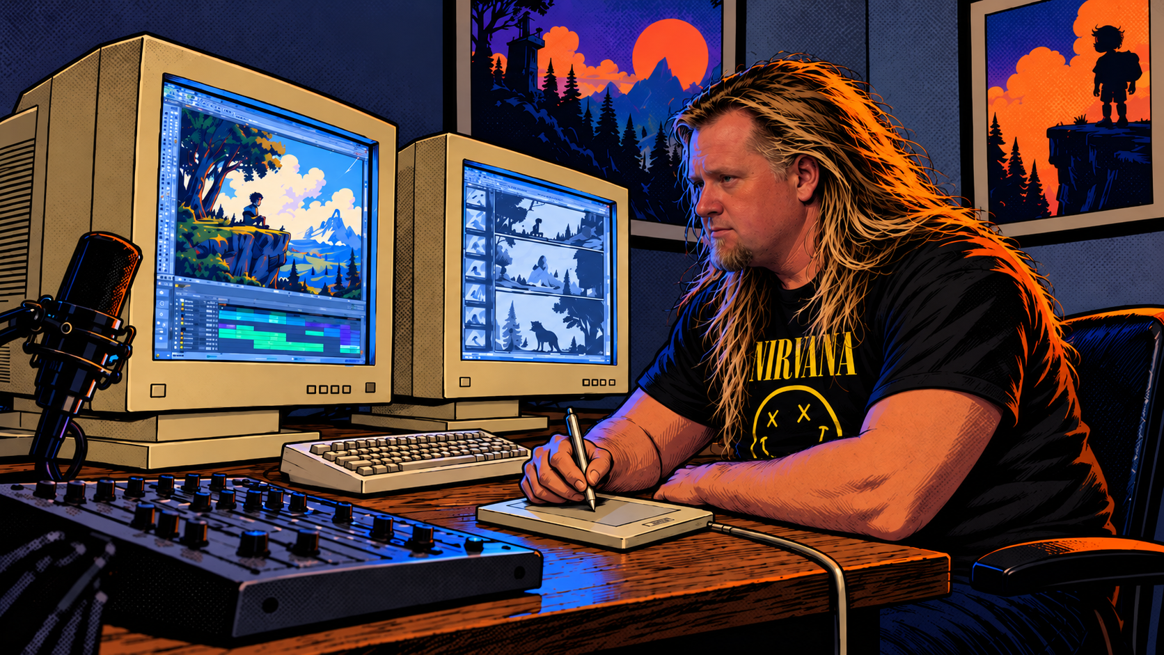 A film editor at a desk with editing monitors, a mixing console, and a drawing tablet, illustrating human creative judgment.