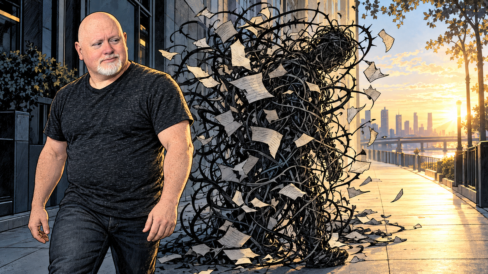 Illustration of a man beside a tangled knot of cables and papers, representing open-ended AI collaboration and clear thinking.