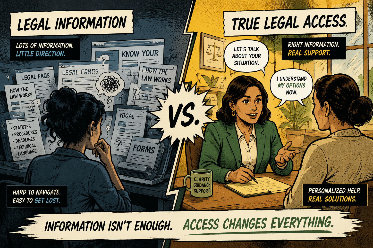 A legal access themed image for an essay about AI, civil litigants, and the gap between information and representation.