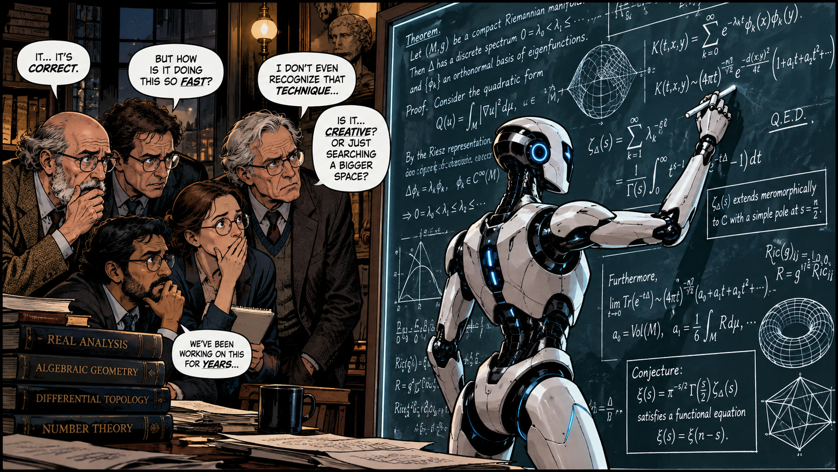 Comic illustration of a robot writing mathematical equations on a chalkboard while researchers watch.