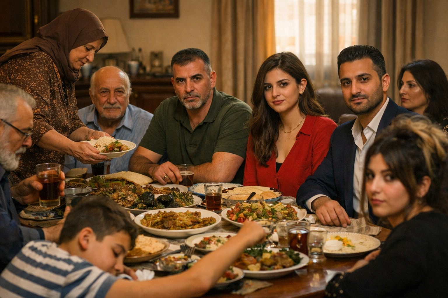 A contemporary Iraqi family gathered around a crowded dinner table, used as a Mesopotamian pantheon image in the AI Mirror series.