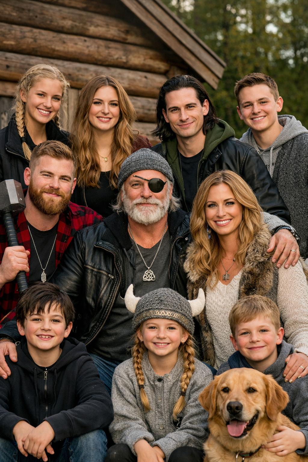 A contemporary family portrait inspired by the Norse pantheon, set in front of a log cabin with warm winter-card composition.