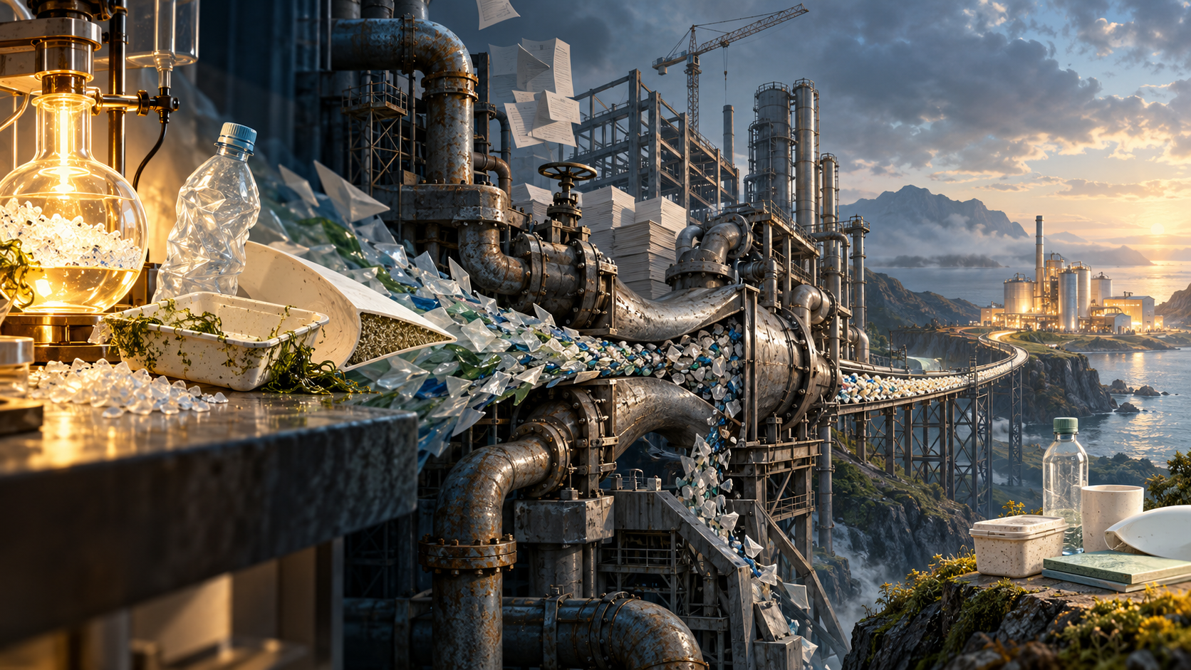 Illustration of a waterfront recycling plant with pipes, machinery, and discarded plastic, representing industrial plastic recycling.