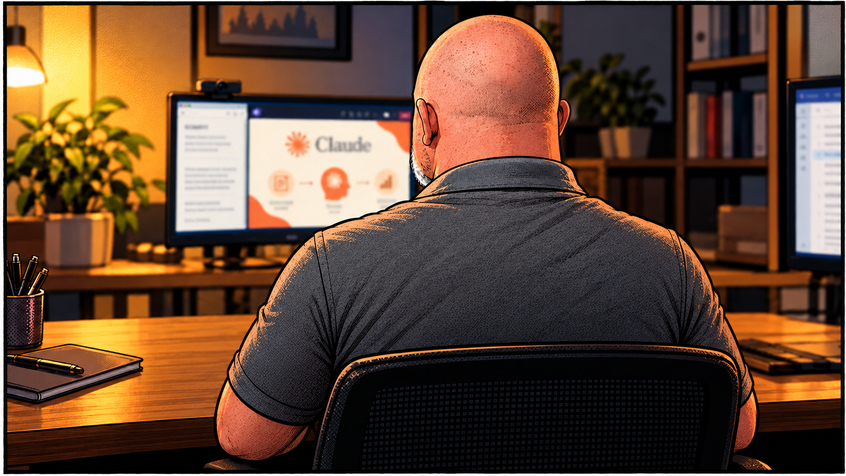 Illustration of a man at a desk presenting Claude on a webcam-equipped monitor, accompanying an essay on public speaking anxiety and preparation.
