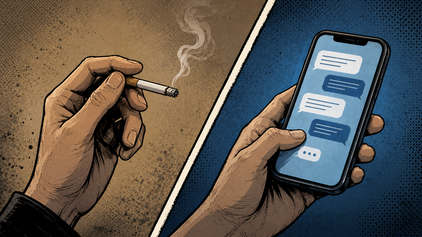 An illustrated split scene showing a hand holding a cigarette opposite a hand holding a phone with chat bubbles.