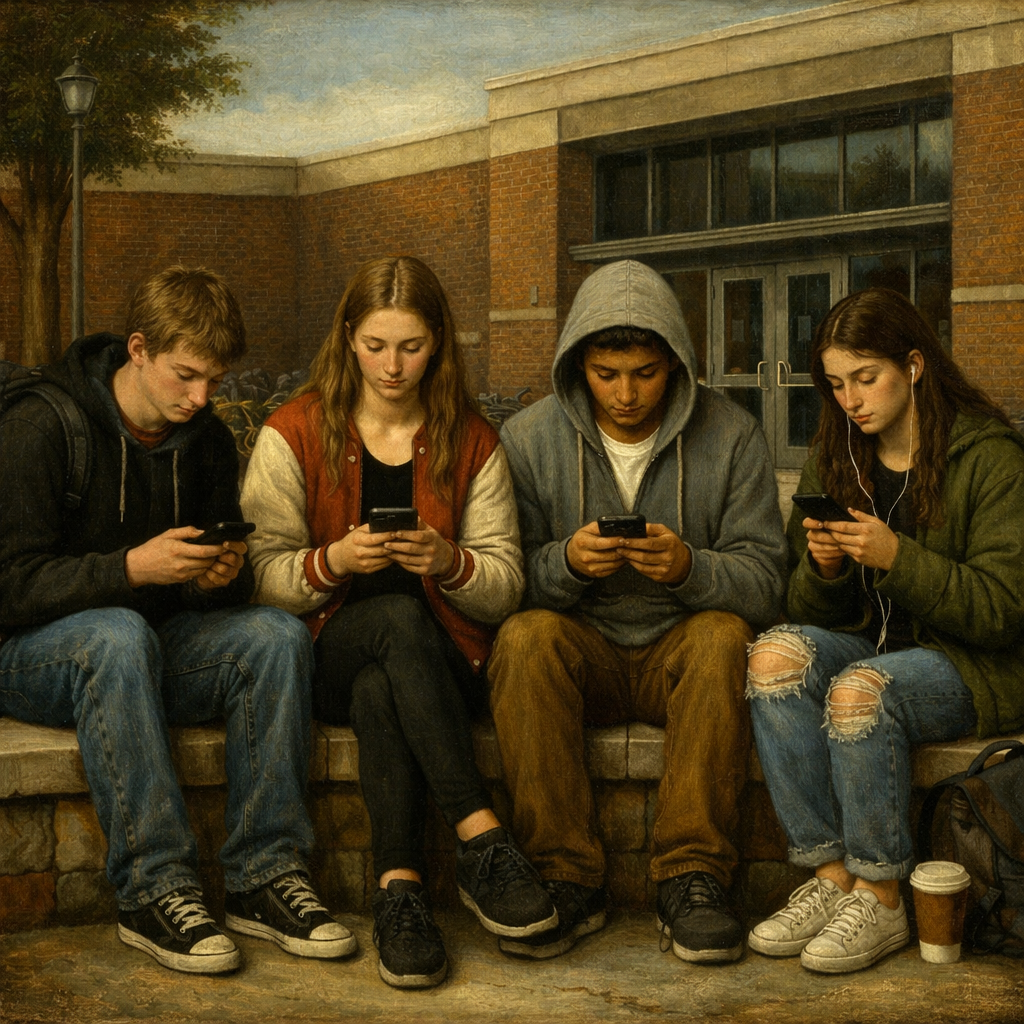 Teenagers gathered around smartphones in a high-stimulation digital environment.