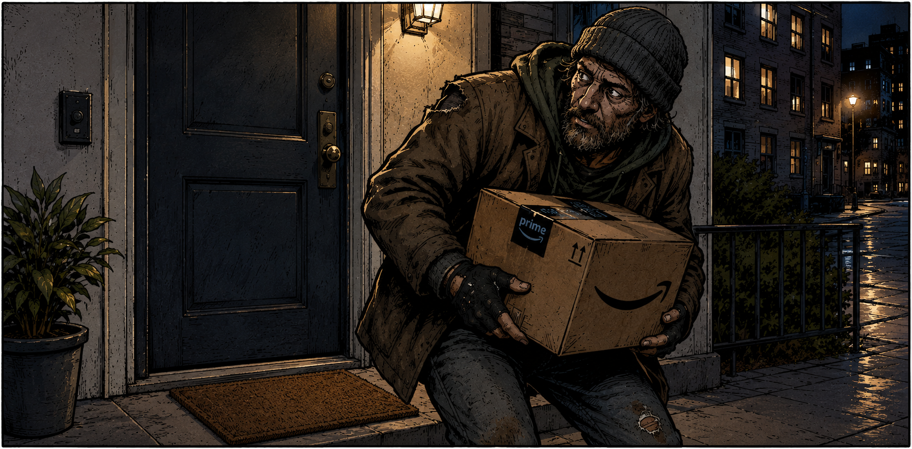A shadowed figure taking a package from a porch, used as the hero image for a reflection on theft, homelessness, and public policy.
