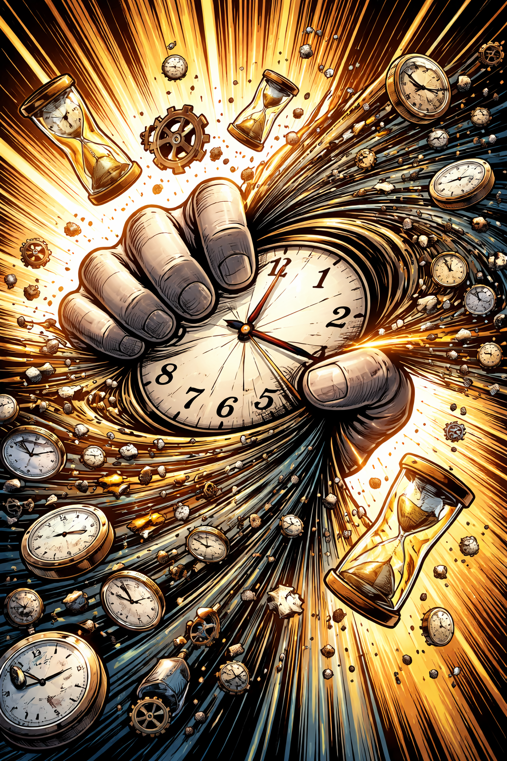 Clocks and layered visuals representing the feeling of compressed time.