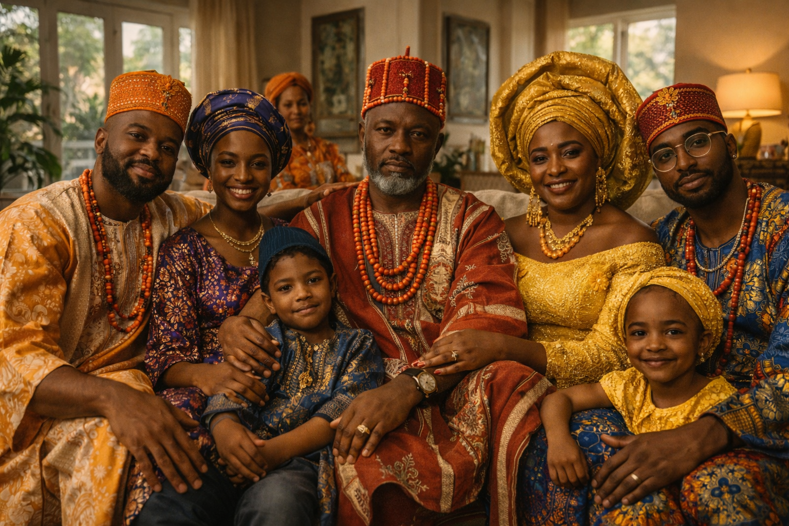 A contemporary Yoruba family dressed in ceremonial regalia, used as the Yoruba pantheon image in the AI Mirror series.