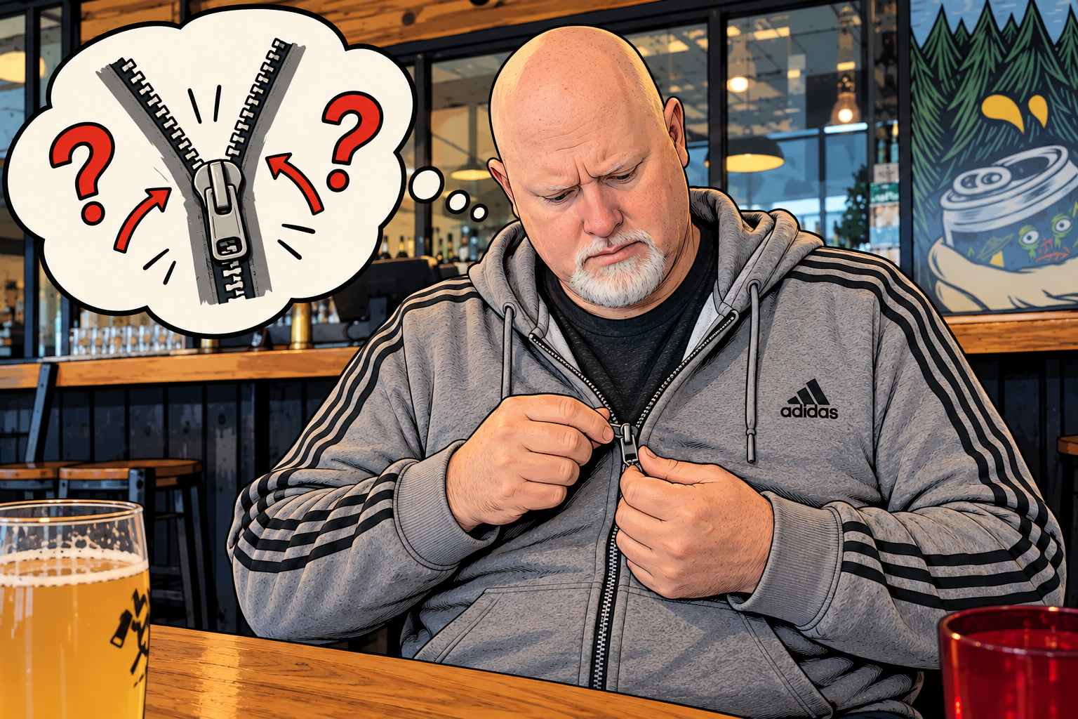 Comic illustration of a man puzzling over his jacket zipper, illustrating the illusion of explanatory depth.