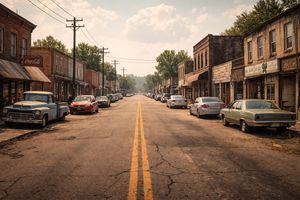 A town scene rendered in a stylized, painterly composition.