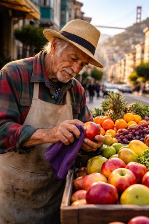 A portrait-style street scene centered on a market vendor in warm, cinematic light.