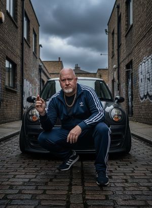 A well-dressed man sitting on the front of a classic vintage car on a cobblestone street.