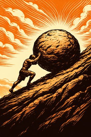 A lone figure strains to push a massive stone uphill on a stark mountainside, evoking the myth of Sisyphus.