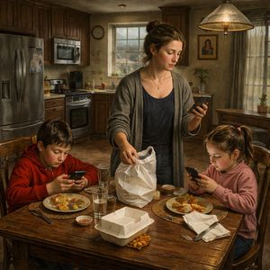 A mother and two children sit at a kitchen table with meals in front of them, each focused on a phone.