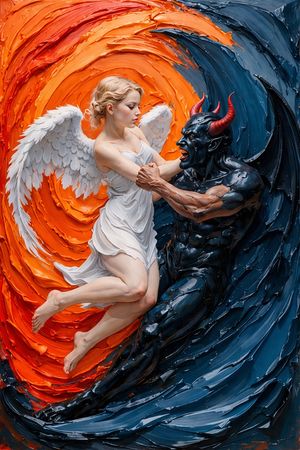 A textured impasto-style clash of opposing figures, suggesting an inner struggle between light and shadow.