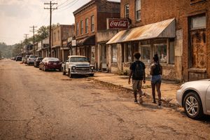 A town street scene with atmospheric light and depth.