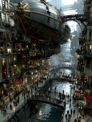 A fantastical, busy marketplace built on multiple levels under a large dirigible airship.