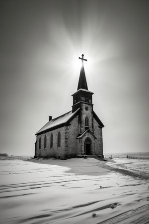 A stark, black and white photo of a small church in a snow-covered field under a bright sun.