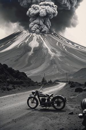 A black and white image of a motorcycle parked on a road with a large, smoking volcano in the background.