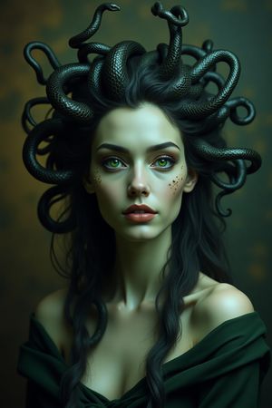 A dark, artistic portrait of Medusa with snakes for hair, looking directly at the viewer.