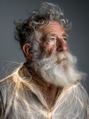 Close-up portrait of an elderly man with a long, white, filament-like beard, looking thoughtfully to the side.