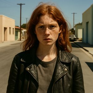 Portrait of a young woman with red hair and a leather jacket looking sternly at the camera.
