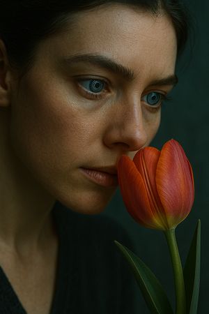 A dramatic portrait of a woman looking down at a single red tulip she is holding.