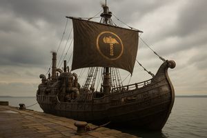 A Viking longship beached on a misty, rocky shore under a cloudy sky.