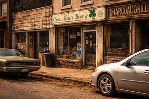 A layered urban town image with architectural detail.
