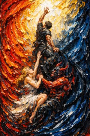 A dramatic portrait of Orpheus rendered in textured, painterly light.