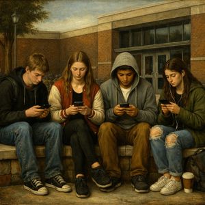 Four teenagers sit outside a school building, each absorbed in a phone, in a painterly scene of shared silence.