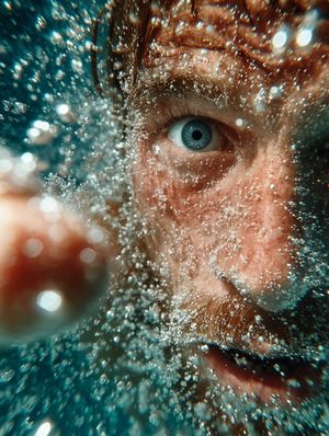 Extreme close-up of a man's eye, with his face partially submerged in water.